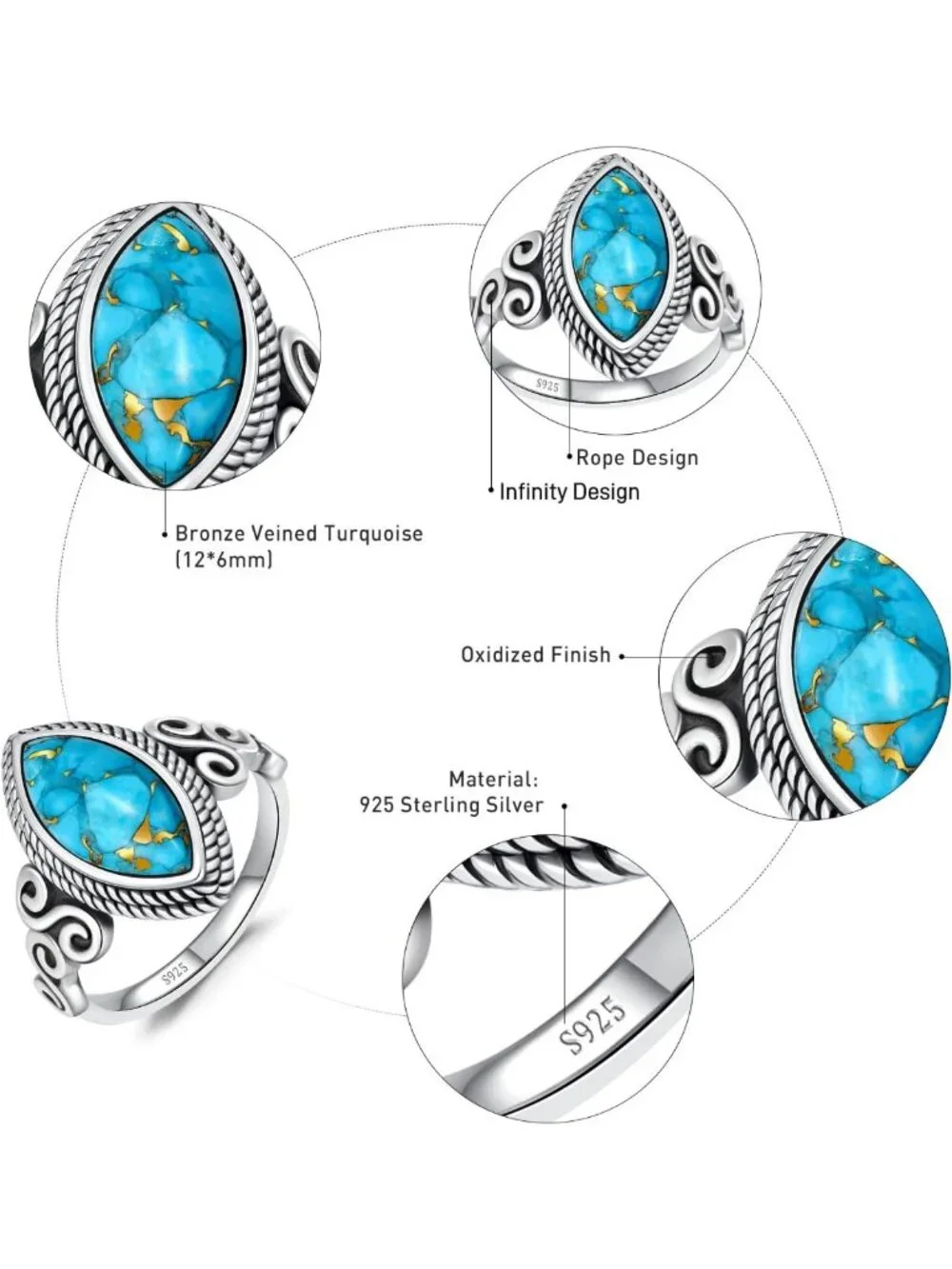 Boho Turquoise Statement Ring, 925 Sterling Silver, Vintage Infinity Design